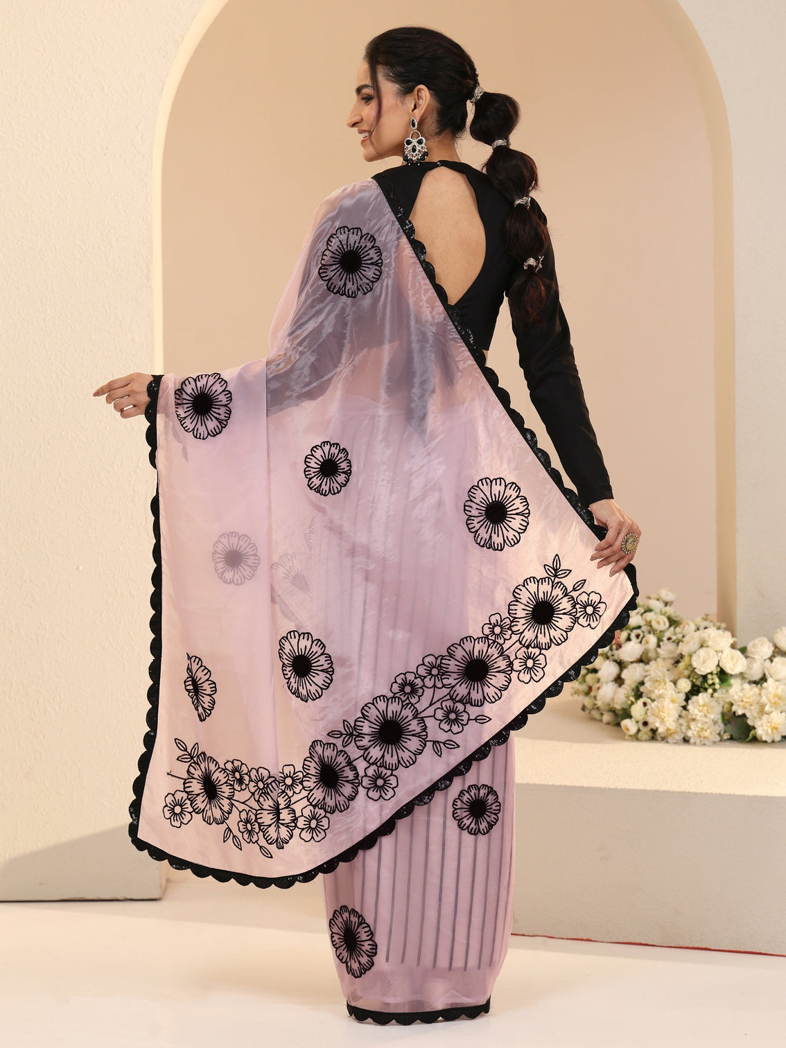 Mameraa Baby Pink Floral Embroidered Tissue Saree with Scalloped Border