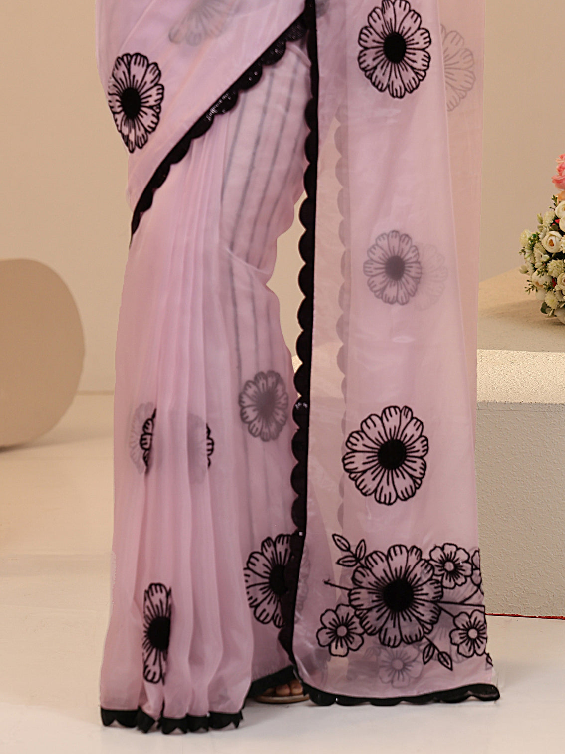 Mameraa Baby Pink Floral Embroidered Tissue Saree with Scalloped Border