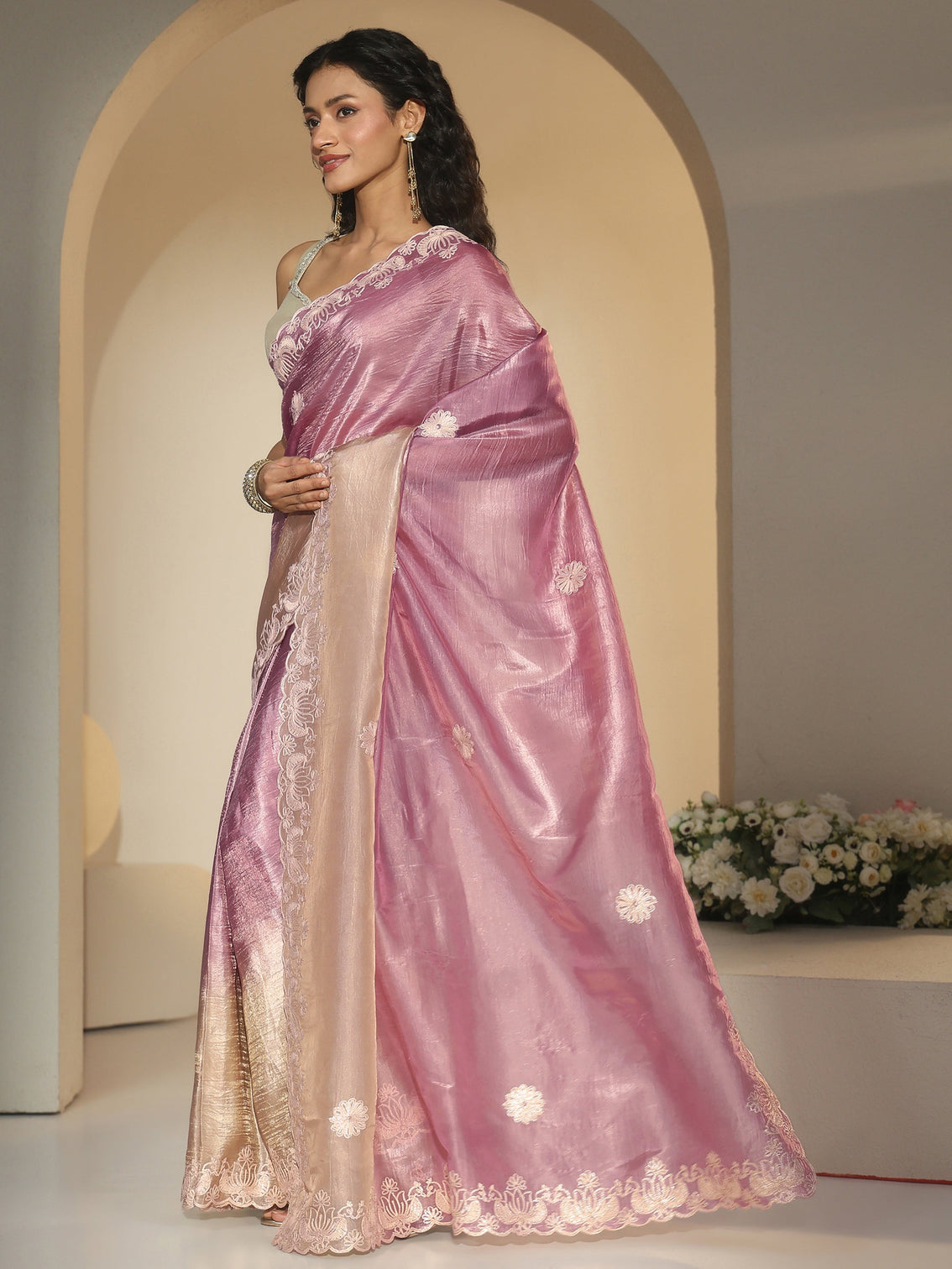 Mameraa Lavender Floral Embroidered Tissue Saree