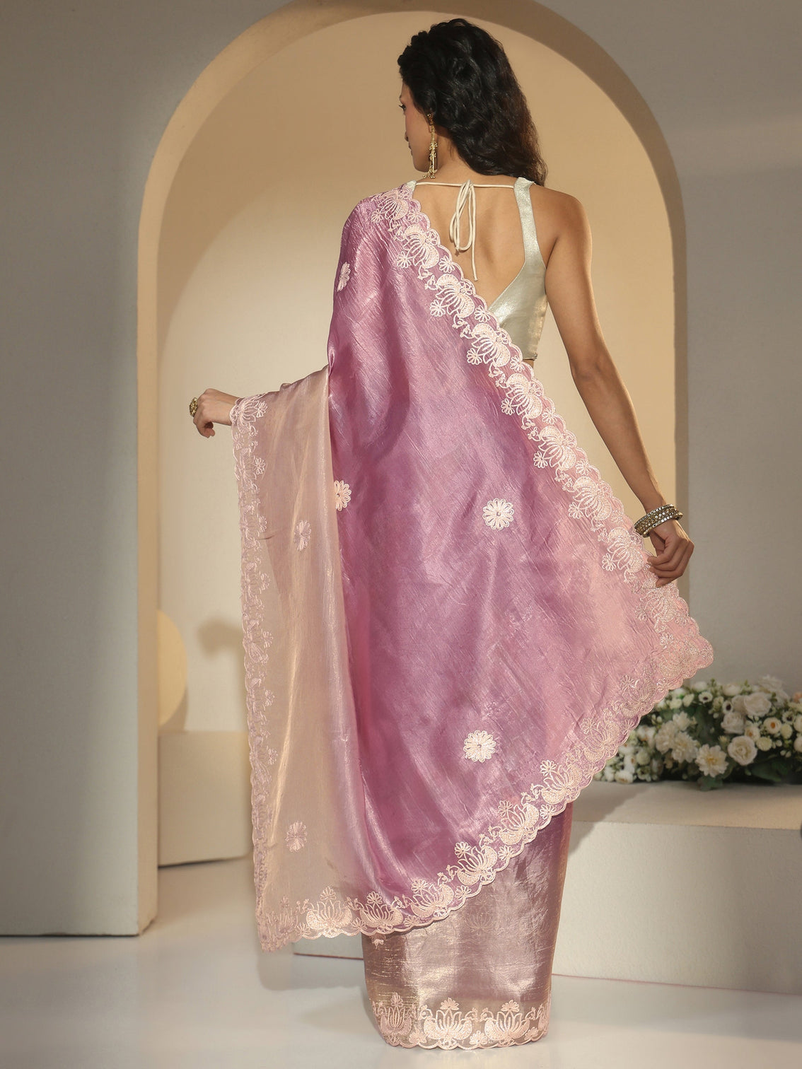 Mameraa Lavender Floral Embroidered Tissue Saree