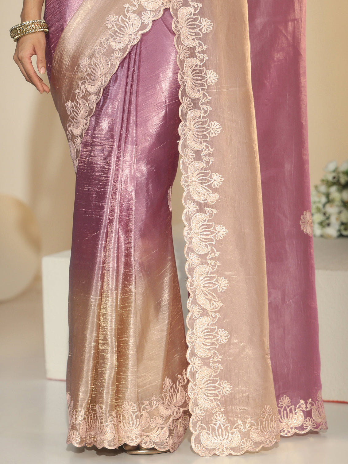 Mameraa Lavender Floral Embroidered Tissue Saree
