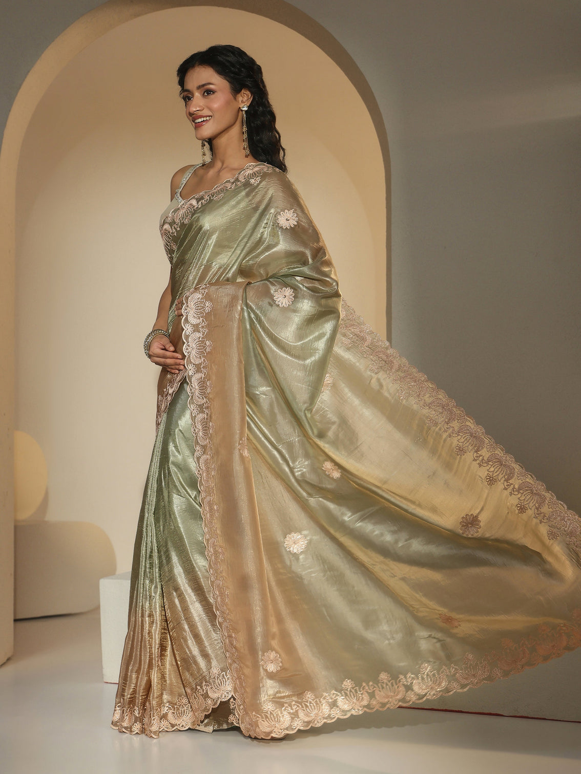 Mameraa Sage Green Floral Embroidered Tissue Saree