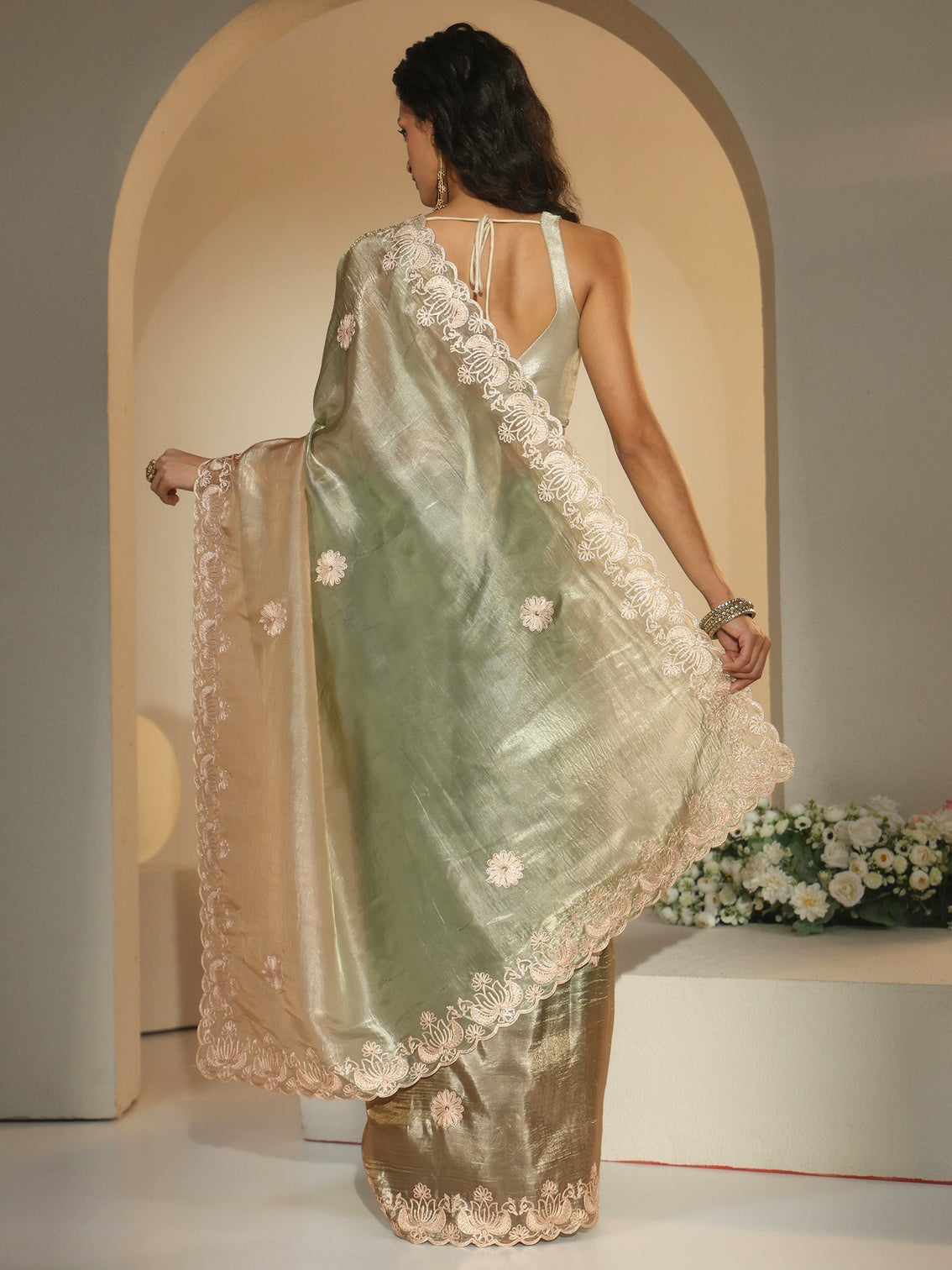 Mameraa Sage Green Floral Embroidered Tissue Saree