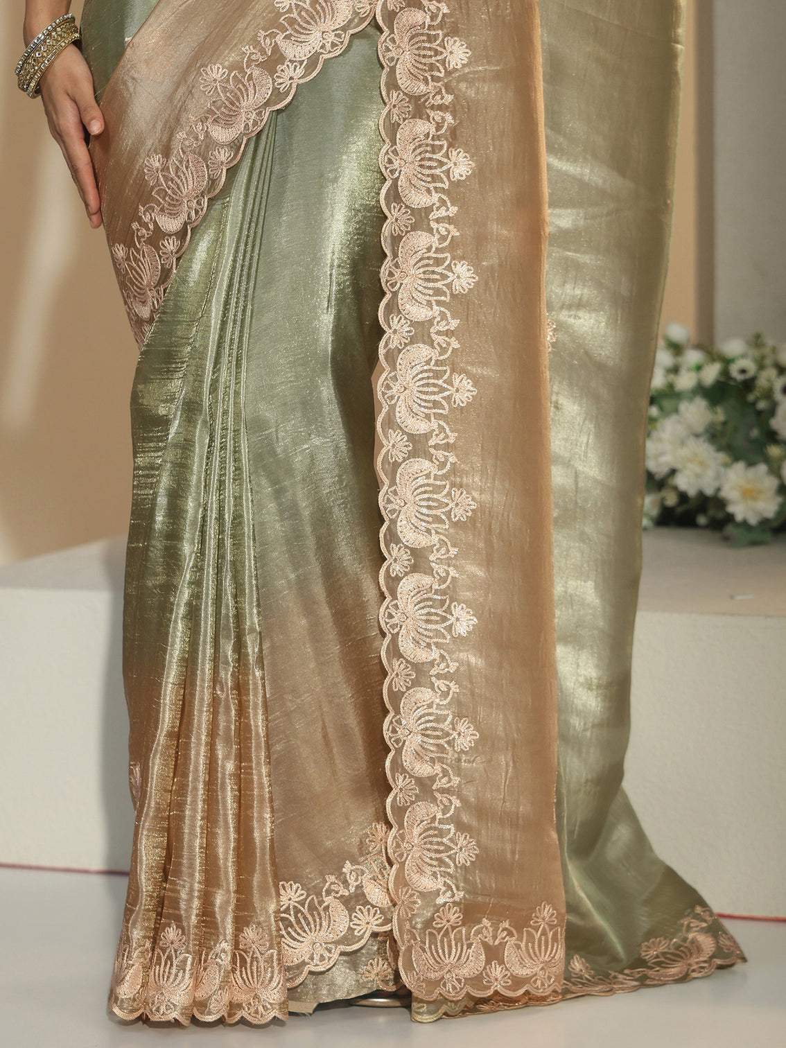 Mameraa Sage Green Floral Embroidered Tissue Saree