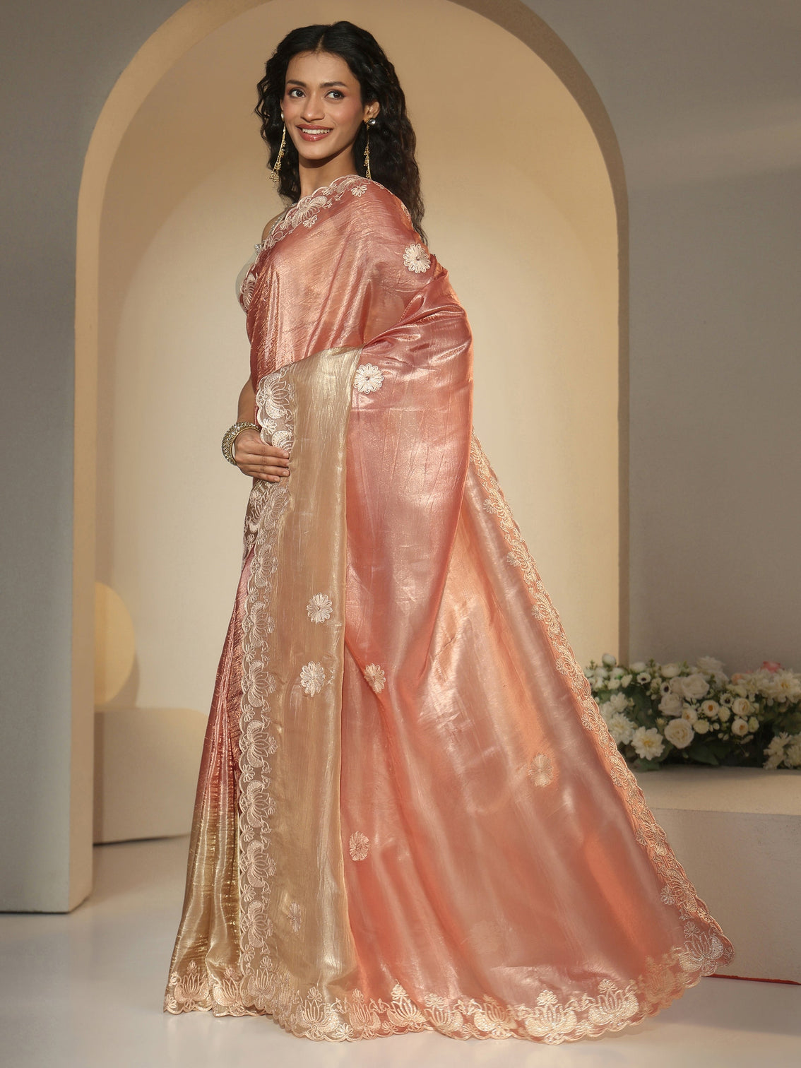 Mameraa Peach Floral Embroidered Tissue Saree