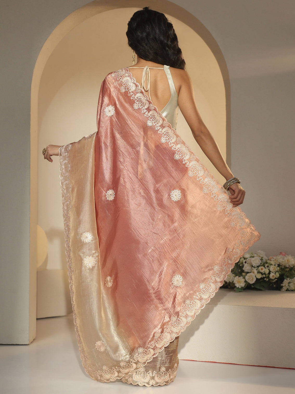 Mameraa Peach Floral Embroidered Tissue Saree