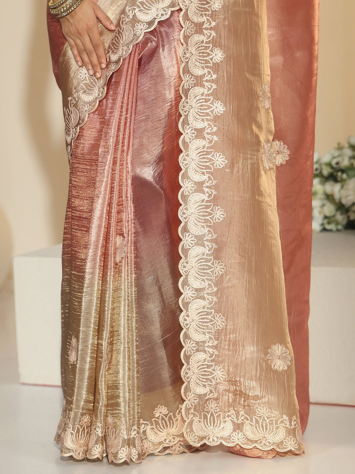 Mameraa Peach Floral Embroidered Tissue Saree