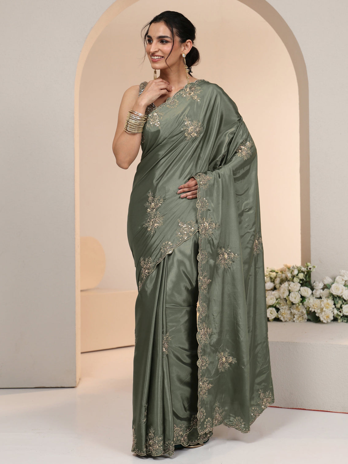 Mameraa Dusty Olive Green Floral Embroidered Silk Blend Saree