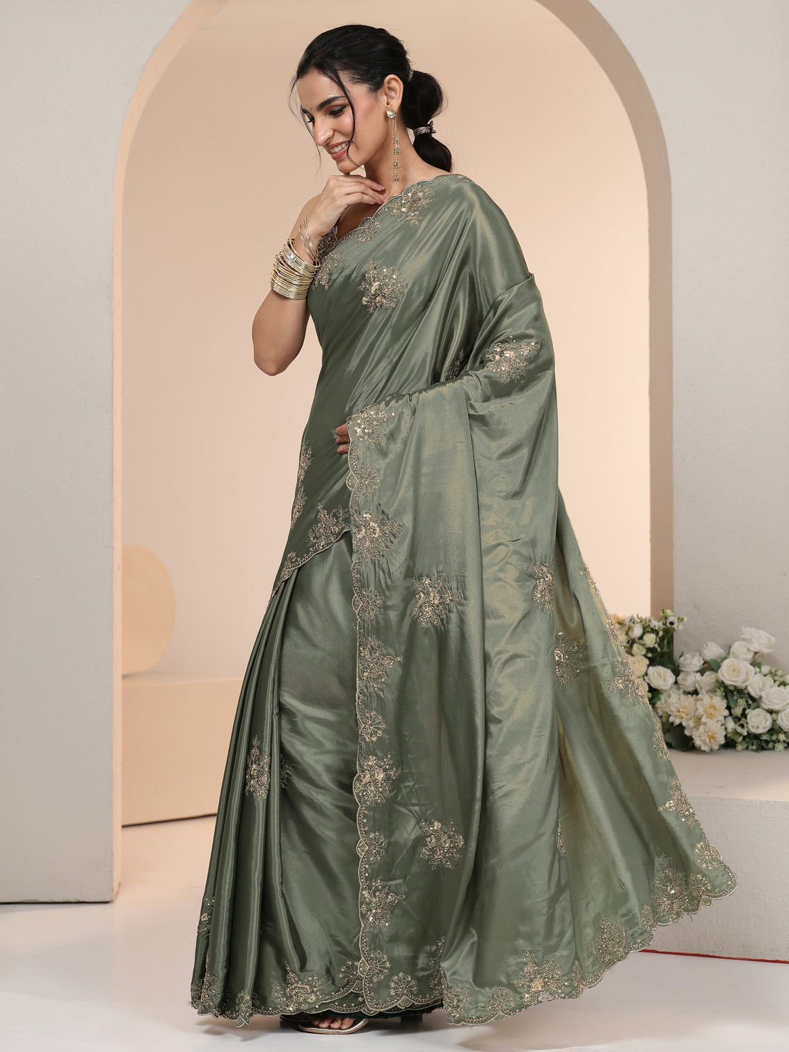 Mameraa Dusty Olive Green Floral Embroidered Silk Blend Saree