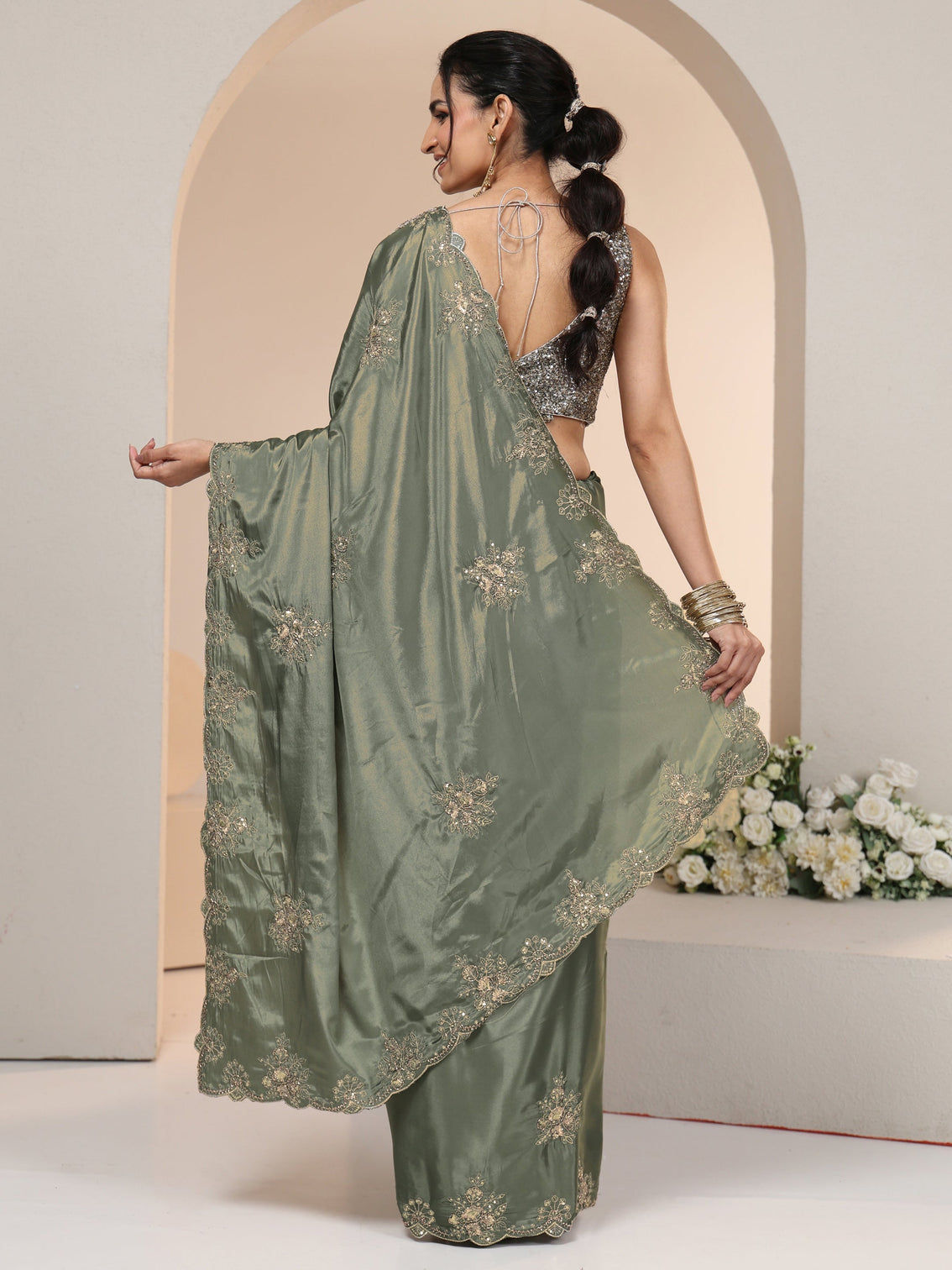 Mameraa Dusty Olive Green Floral Embroidered Silk Blend Saree