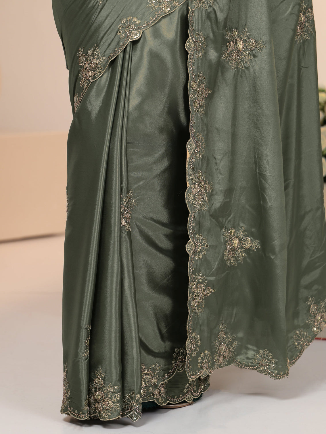 Mameraa Dusty Olive Green Floral Embroidered Silk Blend Saree