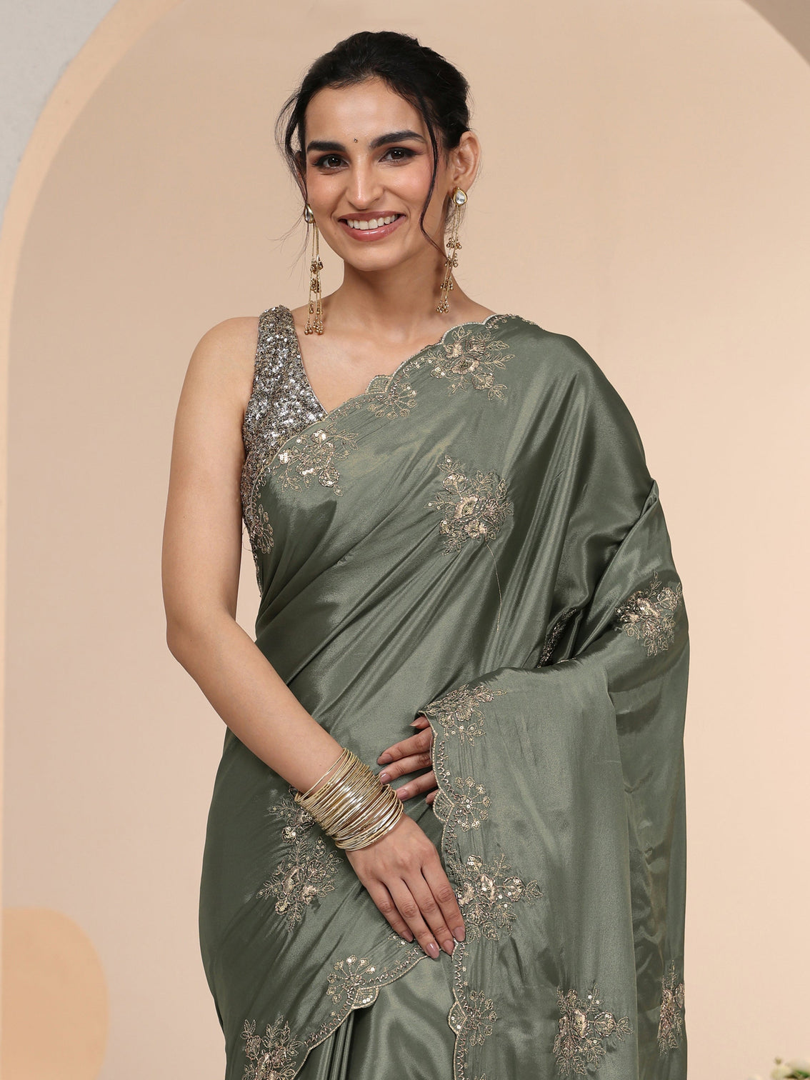 Mameraa Dusty Olive Green Floral Embroidered Silk Blend Saree