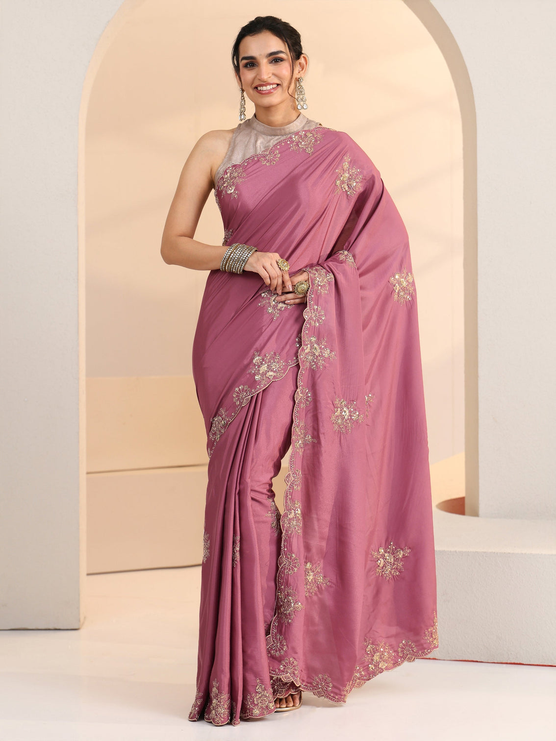 Mameraa Dusty Rose Pink Floral Embroidered Silk Blend Saree
