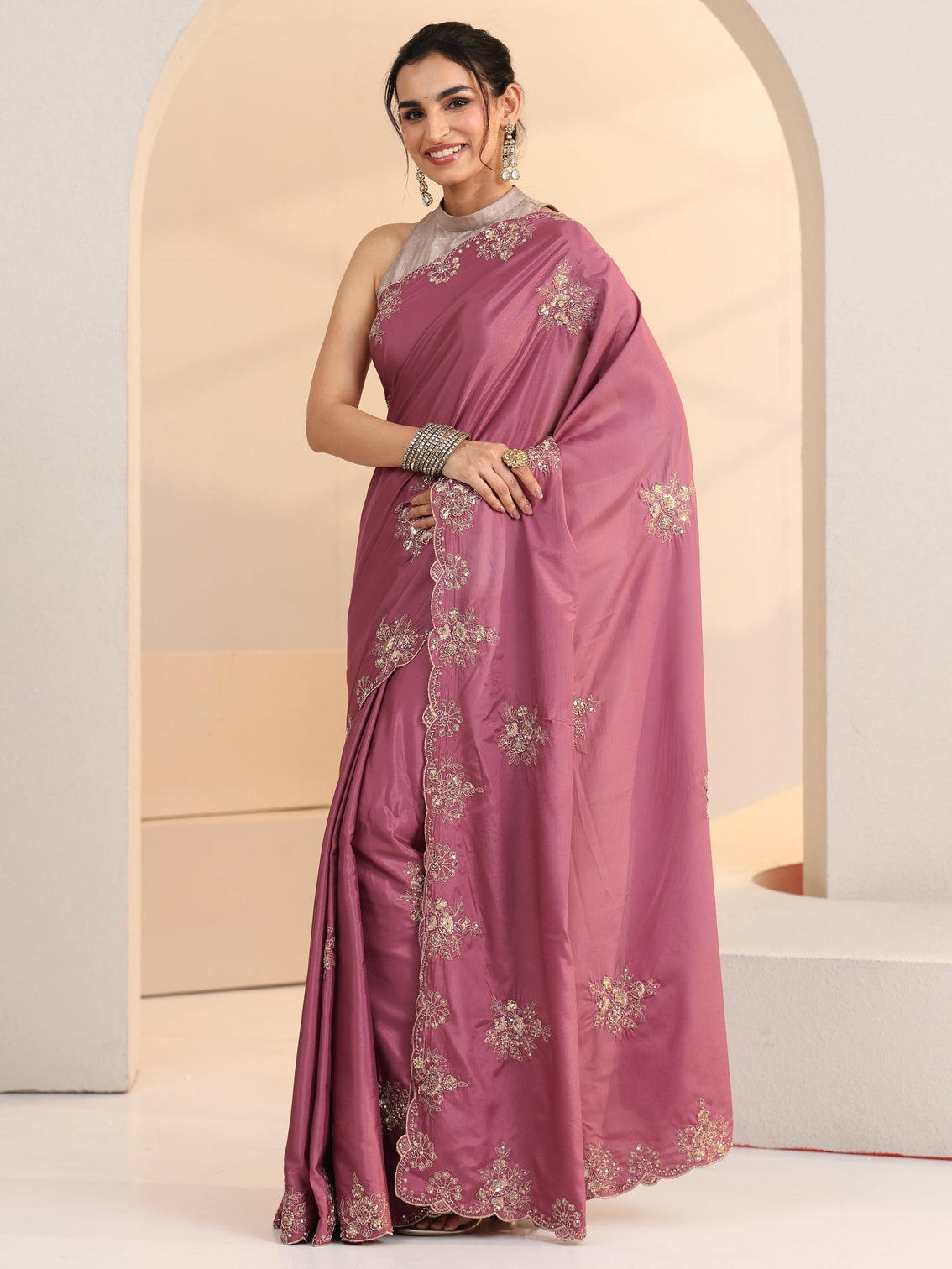 Mameraa Dusty Rose Pink Floral Embroidered Silk Blend Saree