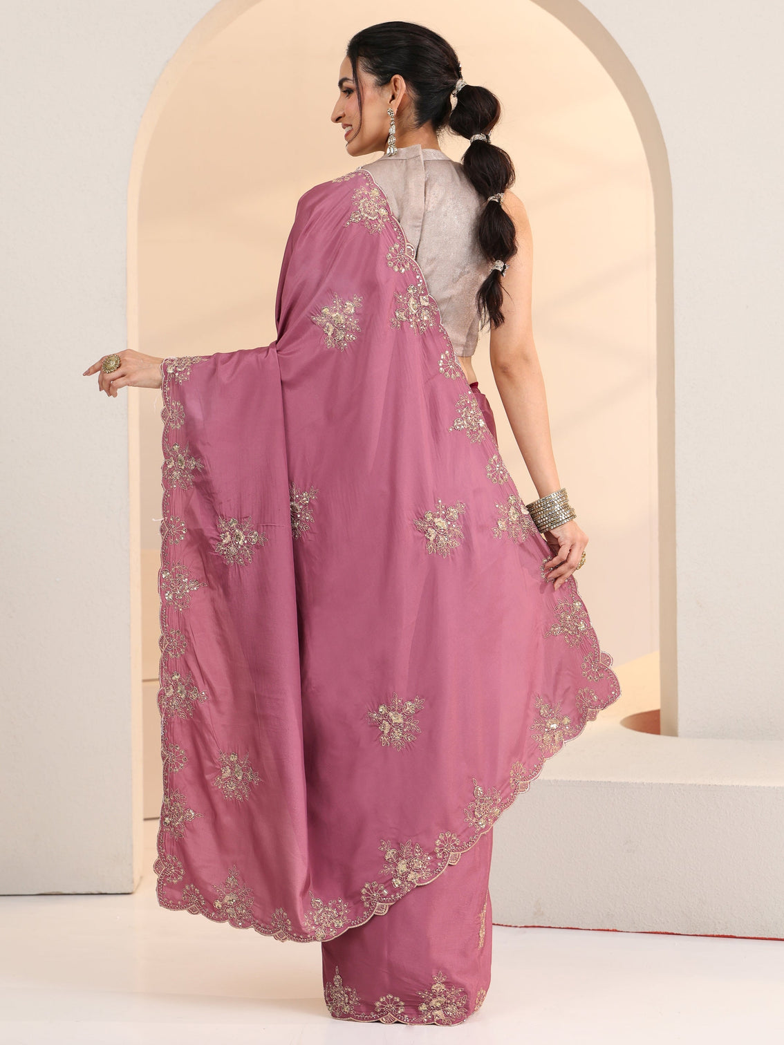 Mameraa Dusty Rose Pink Floral Embroidered Silk Blend Saree