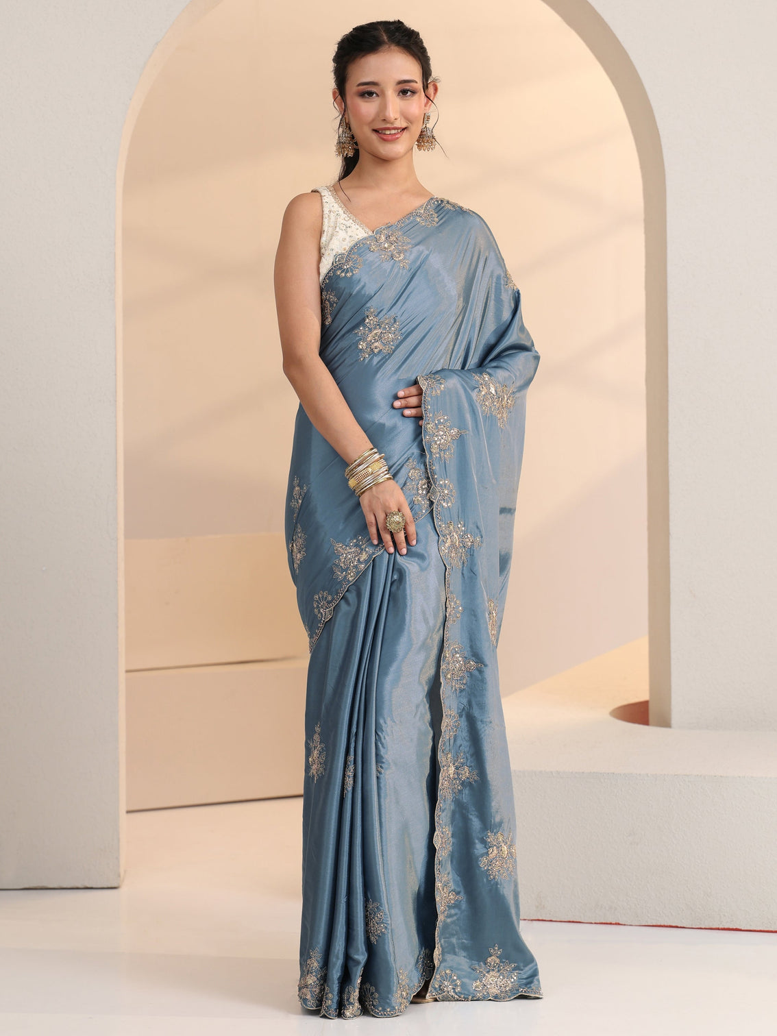 Mameraa Dusty Blue Floral Embroidered Silk Saree
