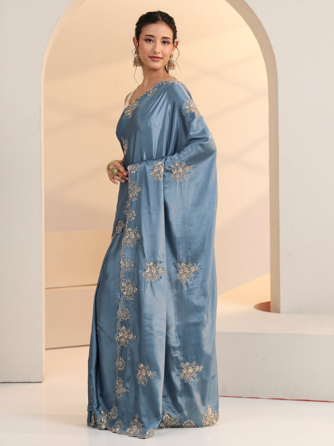 Mameraa Dusty Blue Floral Embroidered Silk Saree