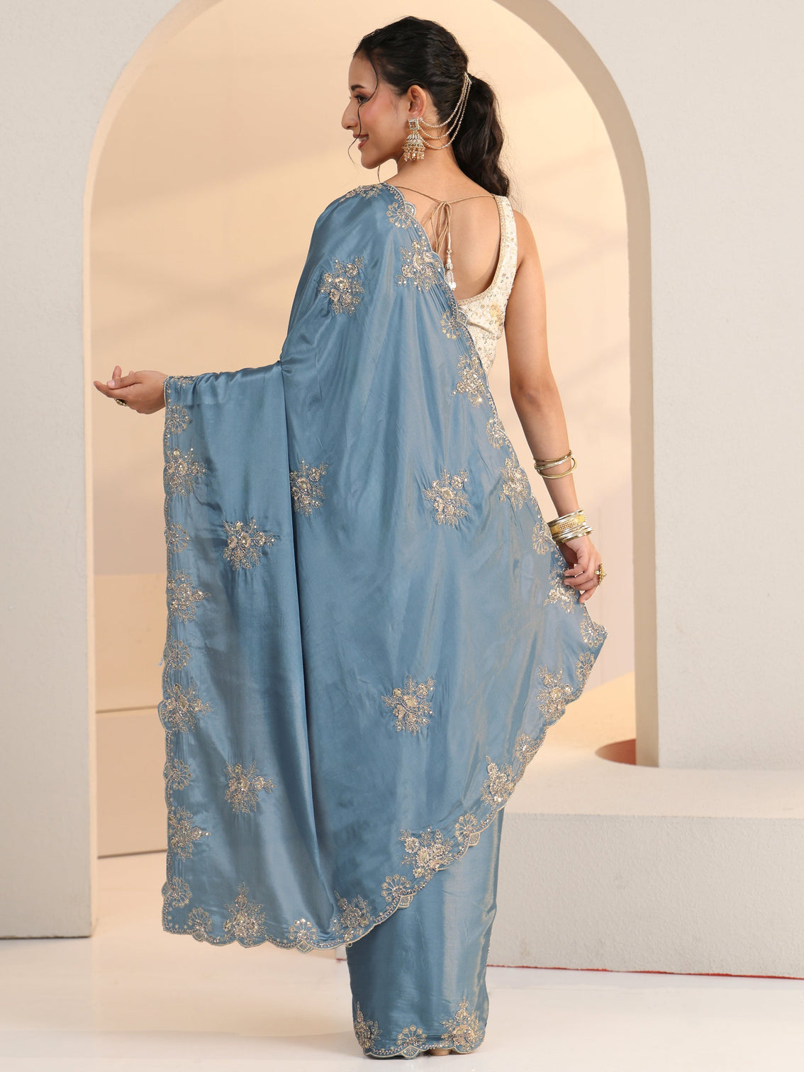 Mameraa Dusty Blue Floral Embroidered Silk Saree