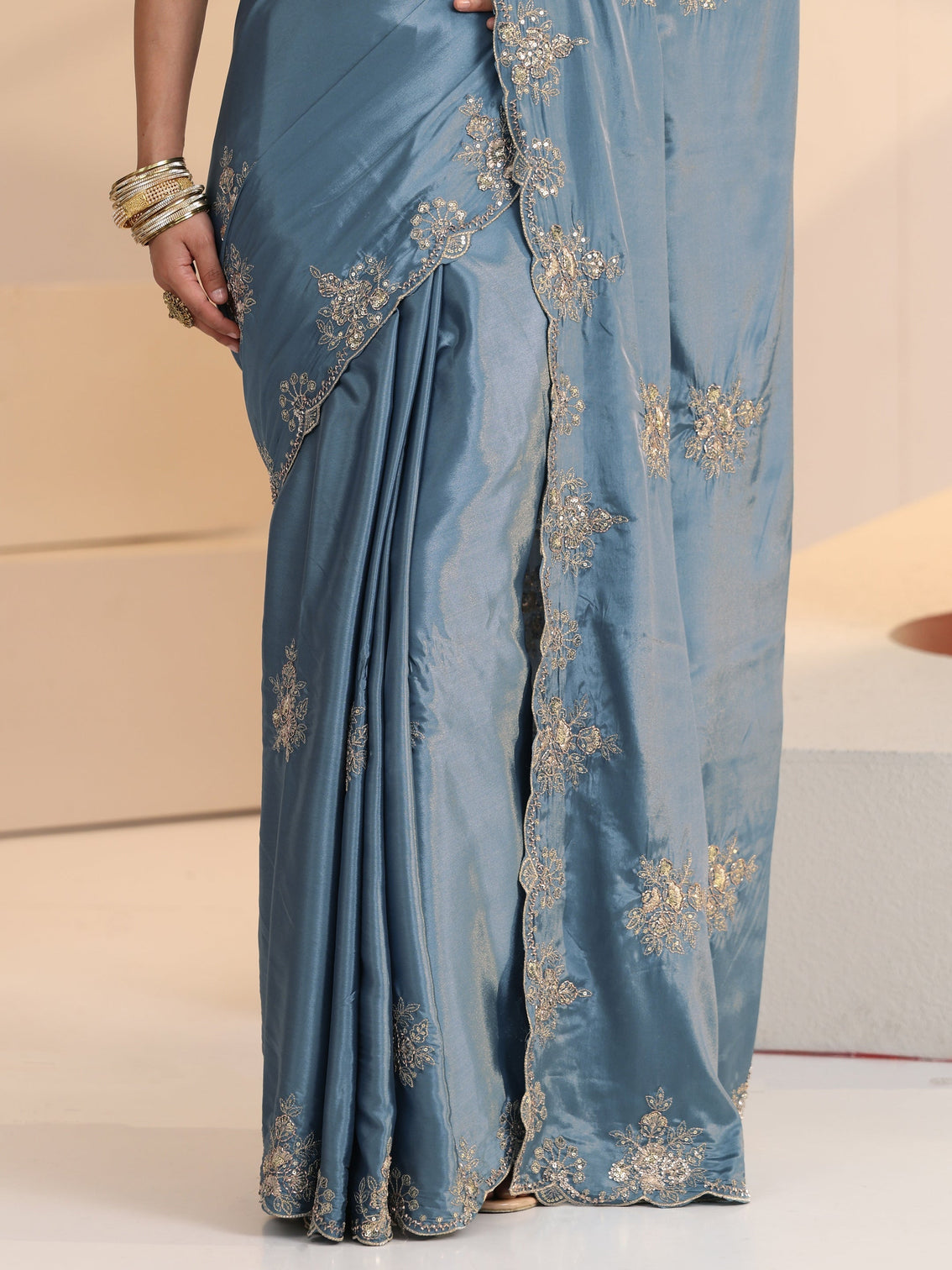Mameraa Dusty Blue Floral Embroidered Silk Saree