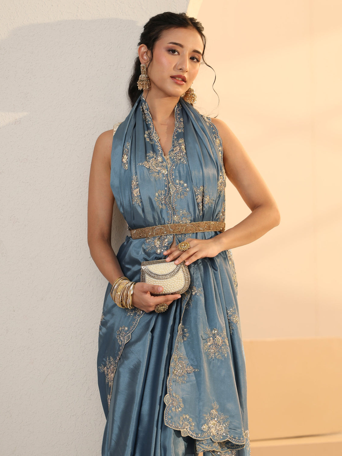Mameraa Dusty Blue Floral Embroidered Silk Saree