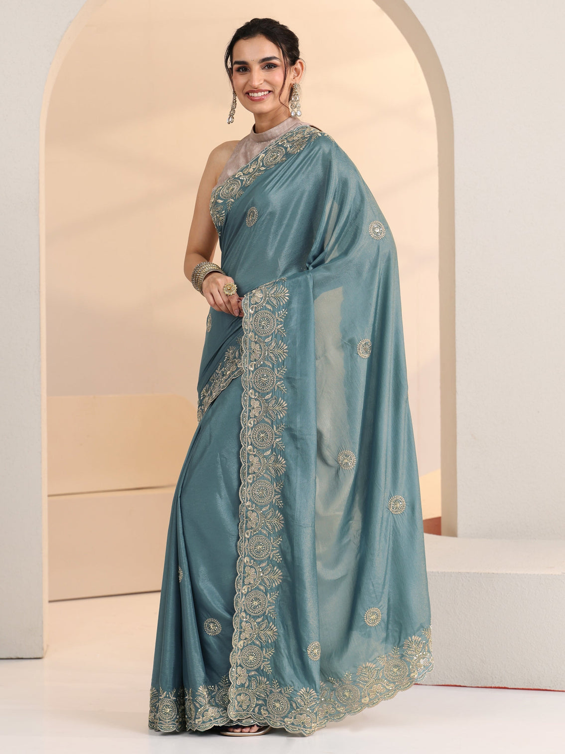 Mameraa Dusty Blue Embroidered Silk Blend Saree