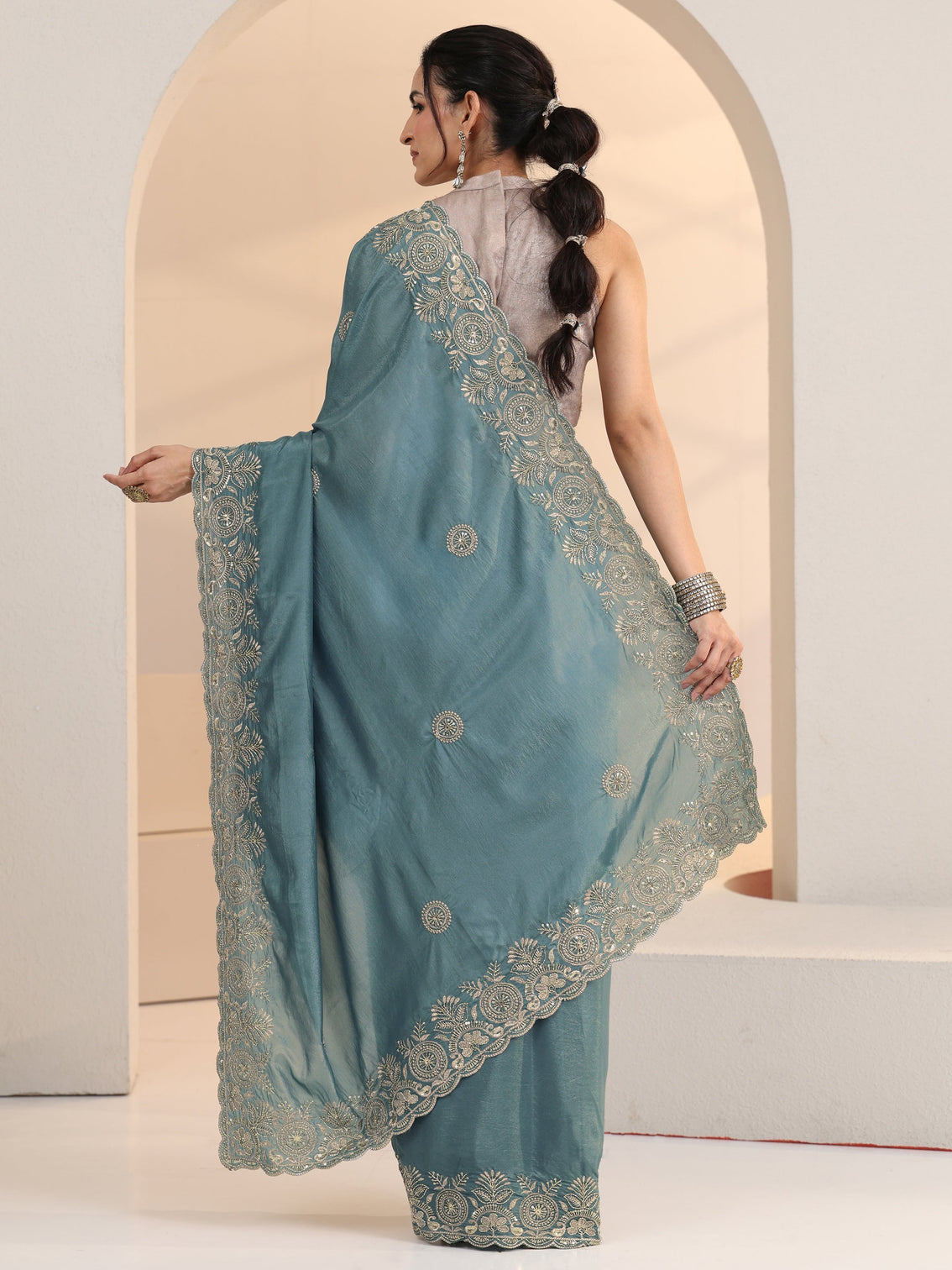 Mameraa Dusty Blue Embroidered Silk Blend Saree