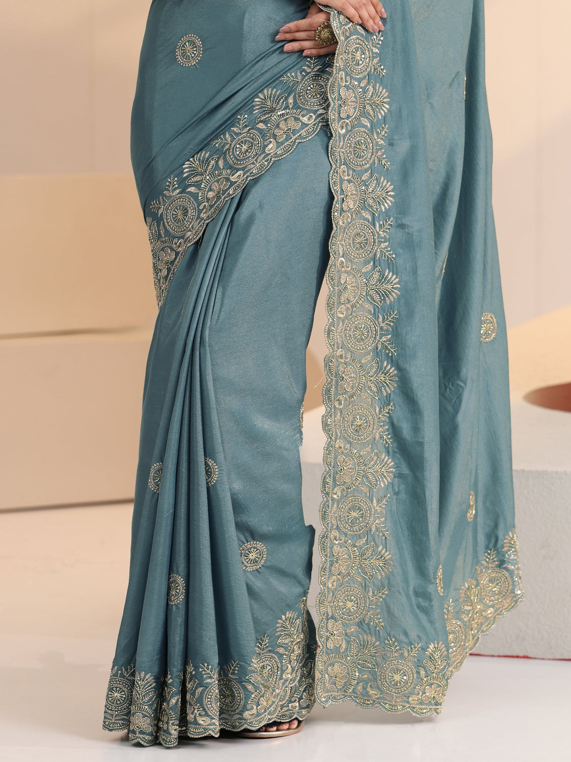 Mameraa Dusty Blue Embroidered Silk Blend Saree