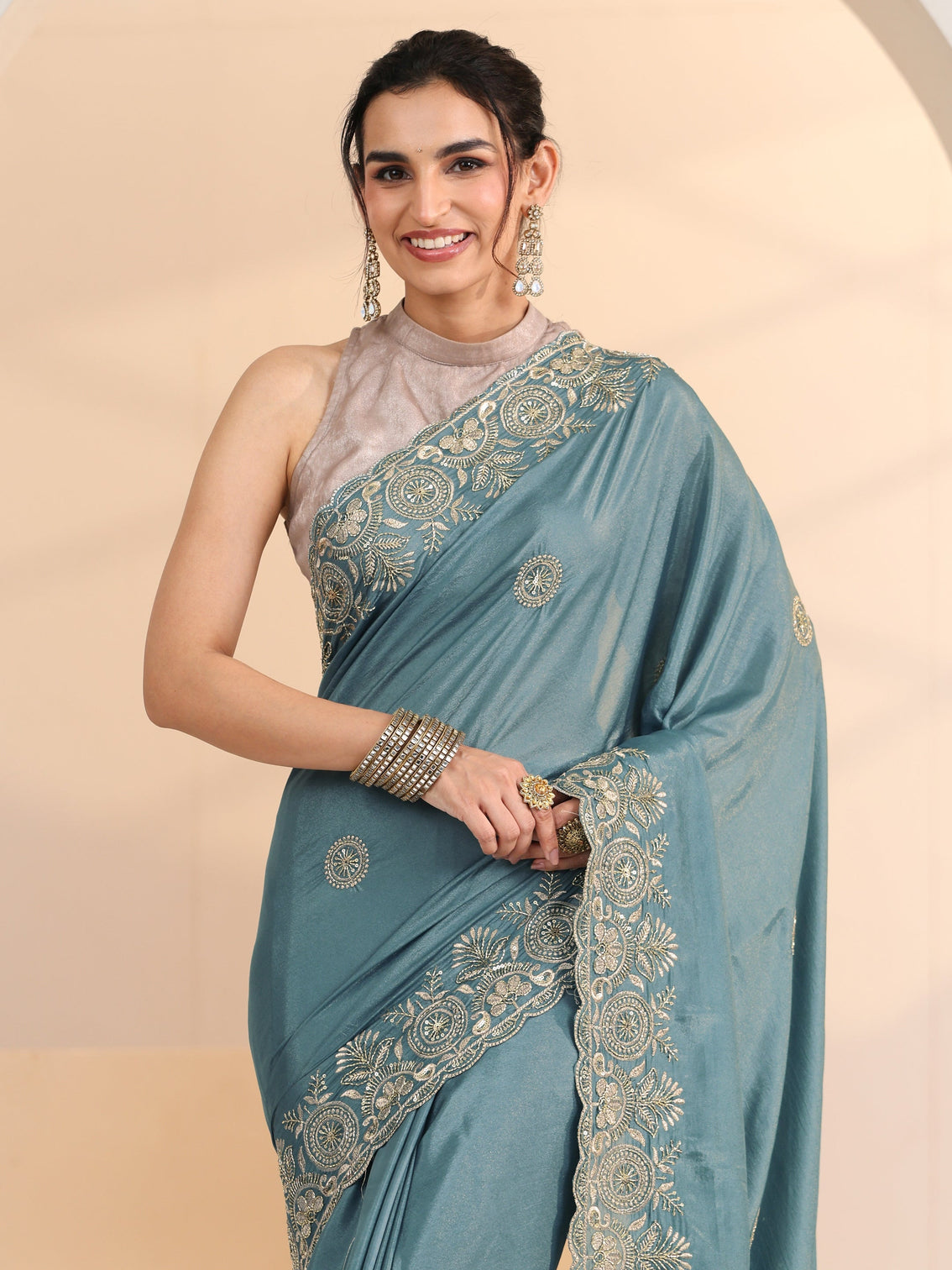 Mameraa Dusty Blue Embroidered Silk Blend Saree