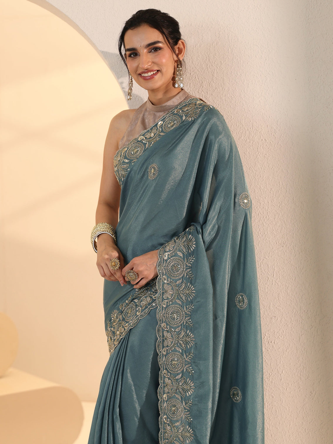 Mameraa Dusty Blue Embroidered Silk Blend Saree