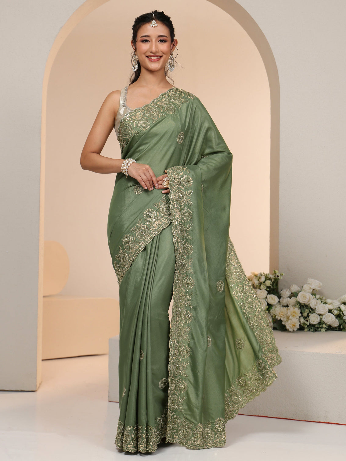 Mameraa Sage Green Embroidered Silk Blend Saree