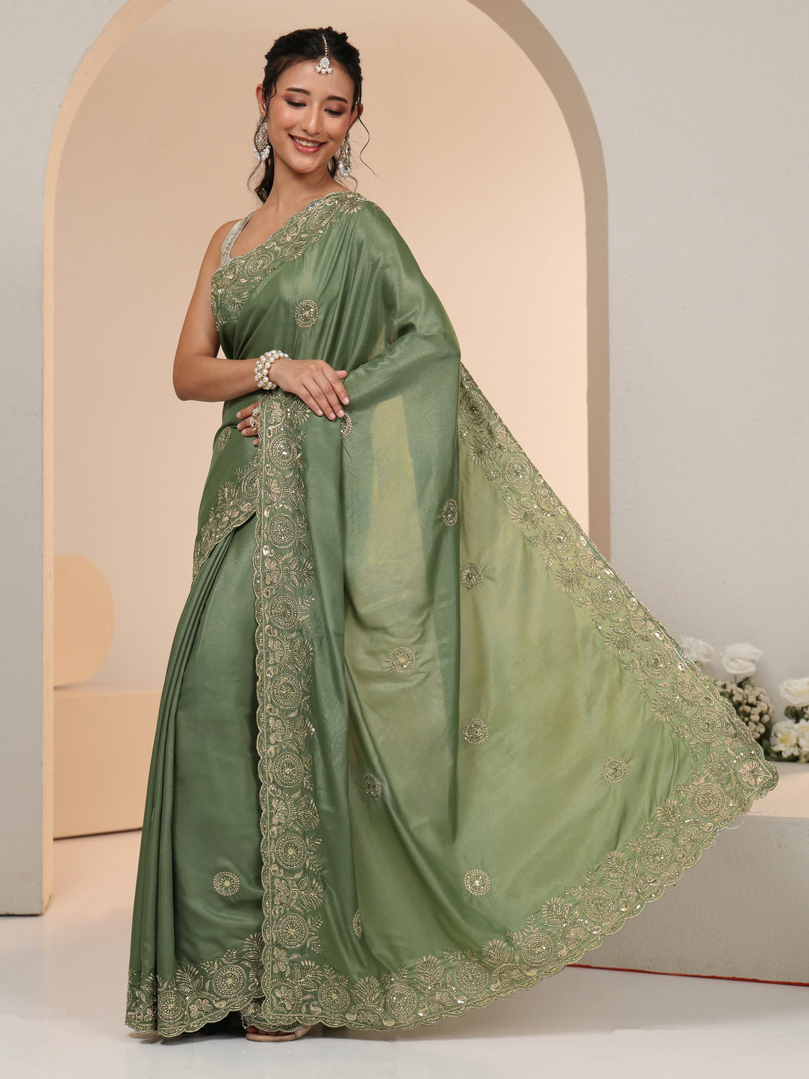 Mameraa Sage Green Embroidered Silk Blend Saree