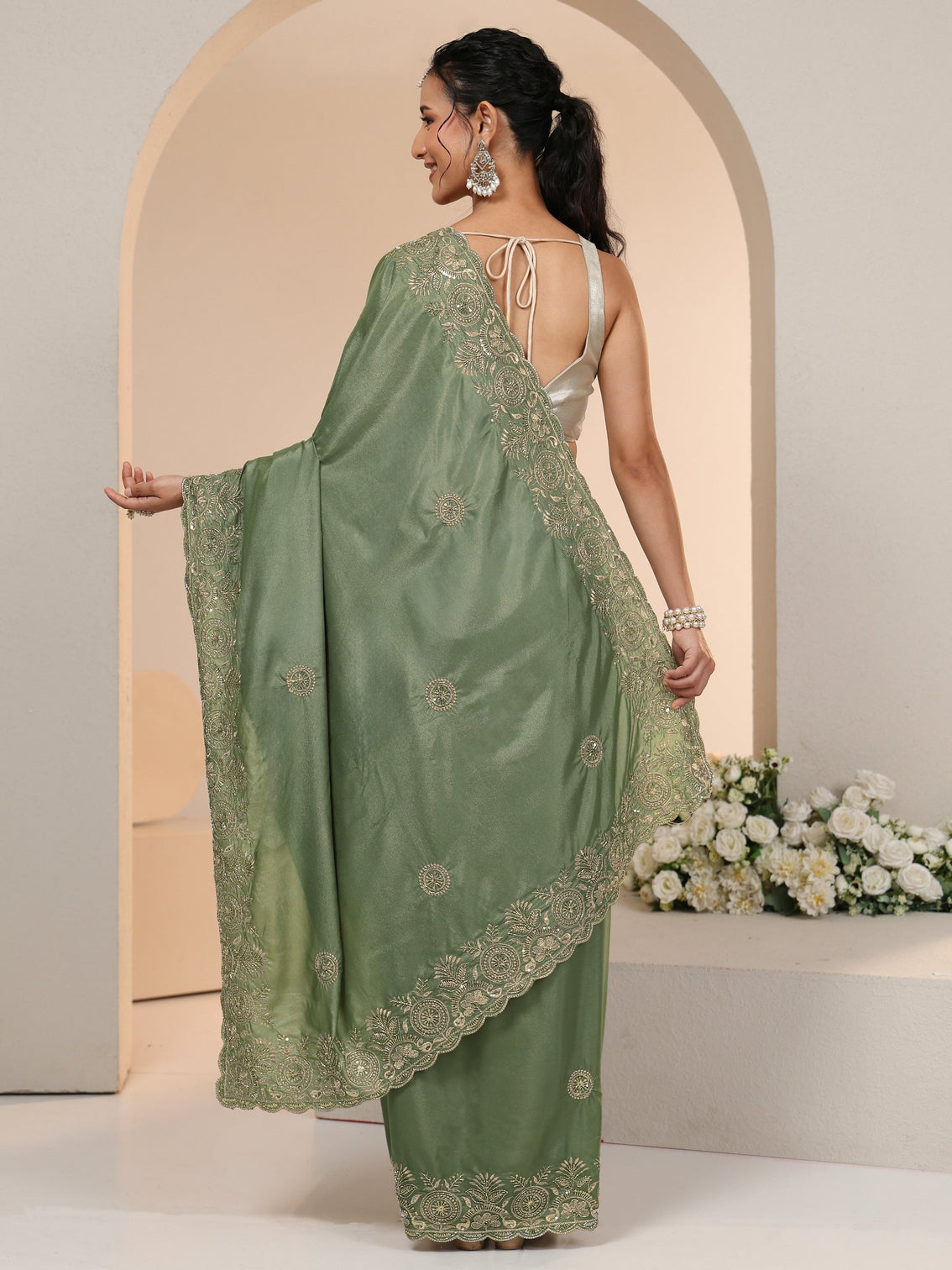 Mameraa Sage Green Embroidered Silk Blend Saree