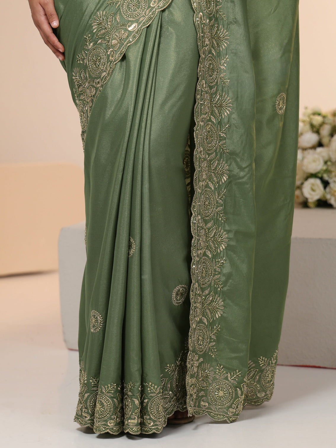 Mameraa Sage Green Embroidered Silk Blend Saree