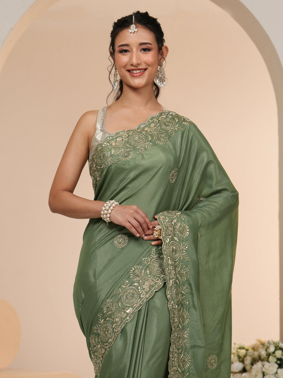 Mameraa Sage Green Embroidered Silk Blend Saree