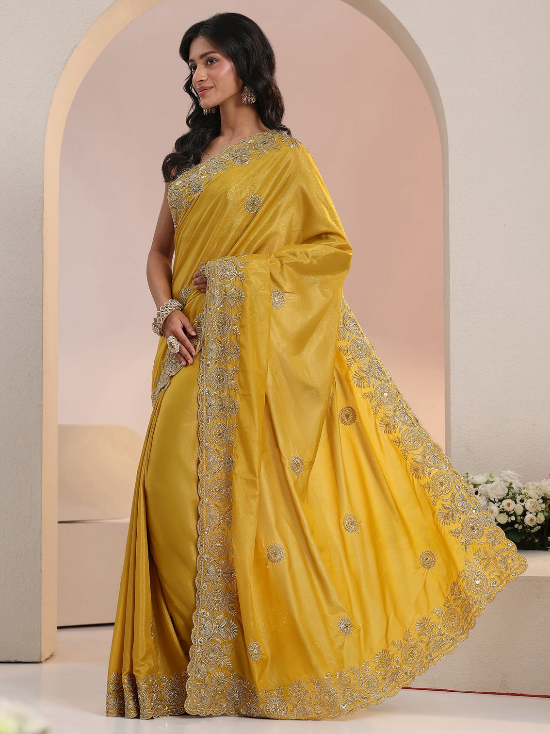 Mameraa Mustard Embroidered Silk Blend Saree