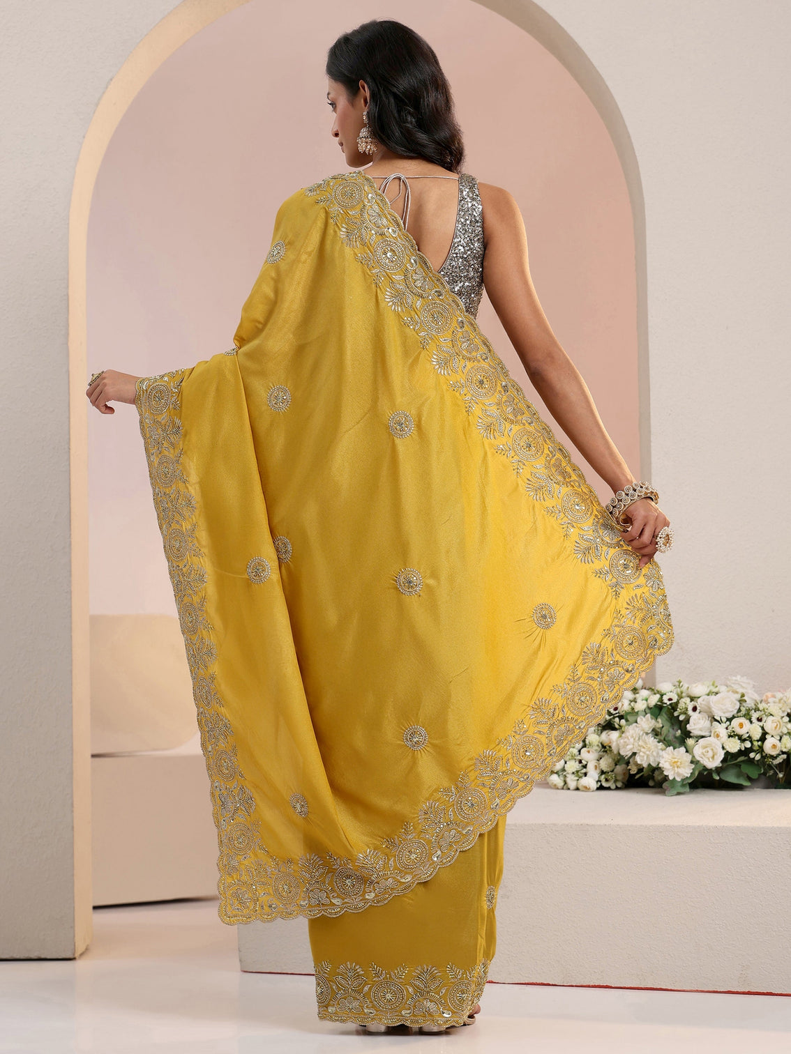 Mameraa Mustard Embroidered Silk Blend Saree