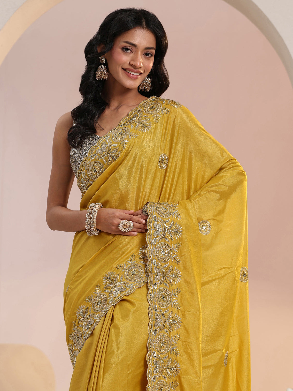 Mameraa Mustard Embroidered Silk Blend Saree