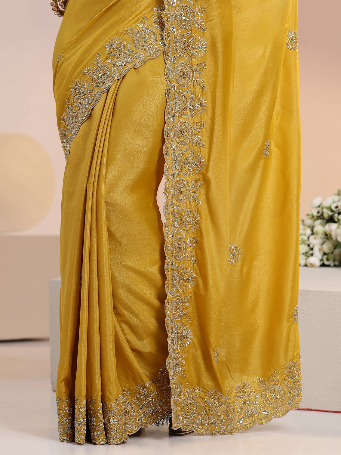 Mameraa Mustard Embroidered Silk Blend Saree