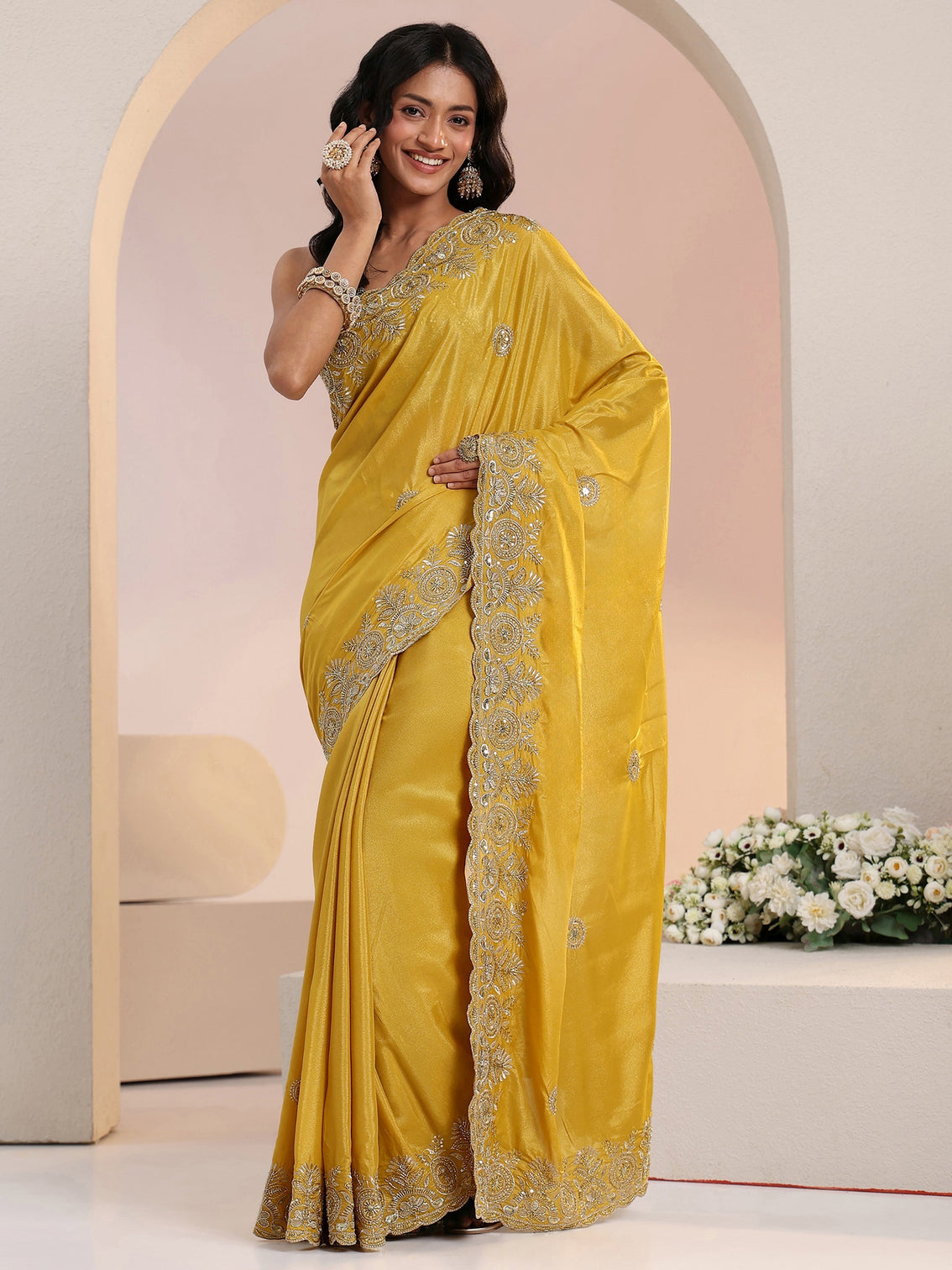 Mameraa Mustard Embroidered Silk Blend Saree
