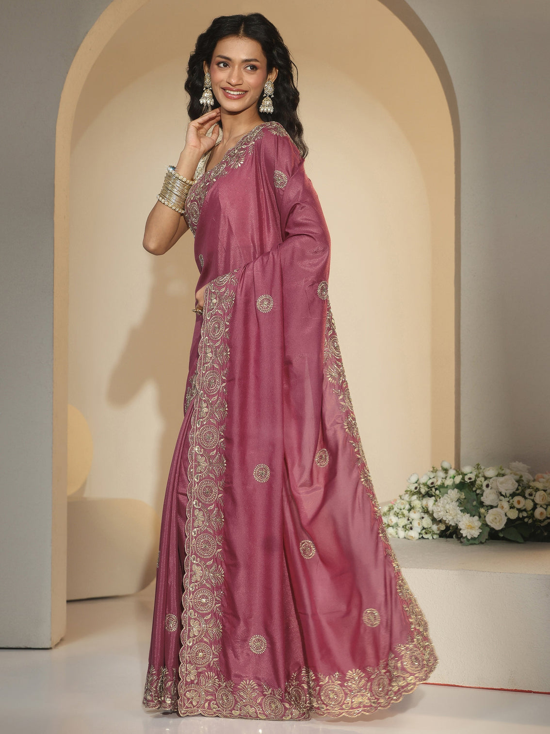 Mameraa Dusty Rose Pink Embroidered Silk Blend Saree