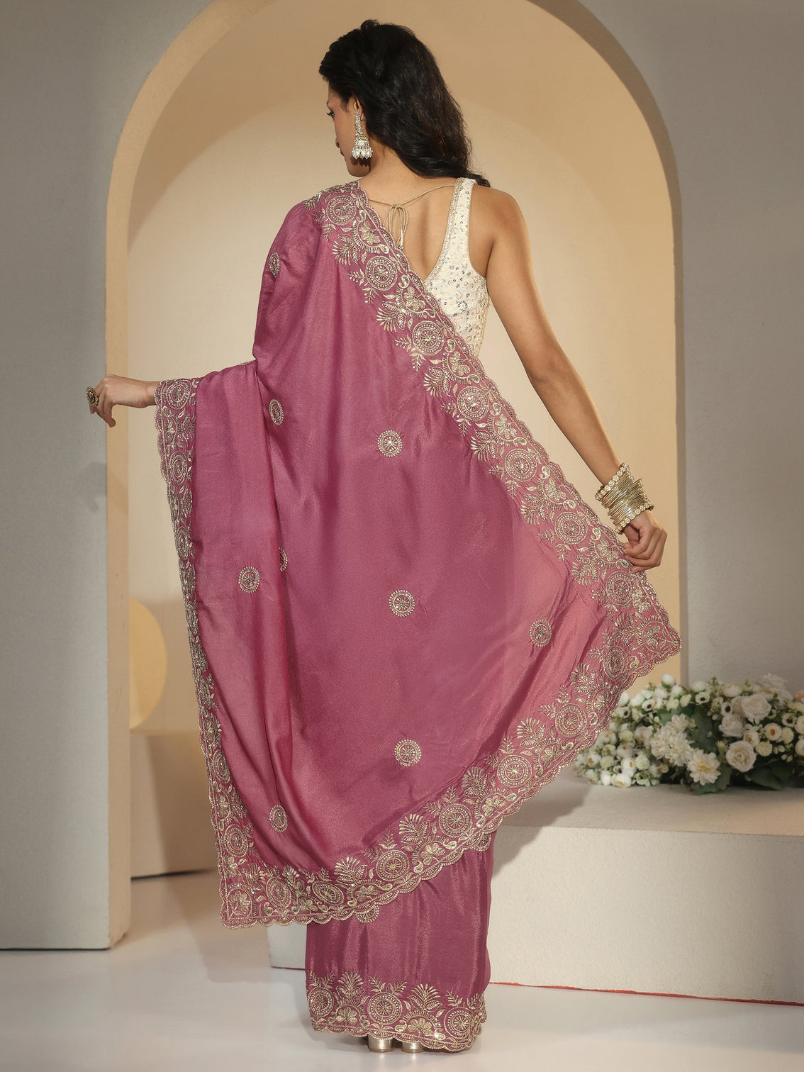 Mameraa Dusty Rose Pink Embroidered Silk Blend Saree
