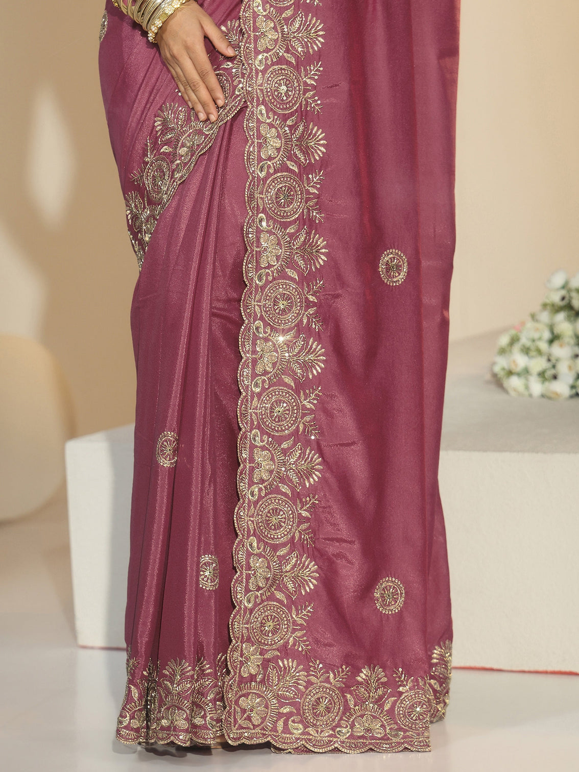 Mameraa Dusty Rose Pink Embroidered Silk Blend Saree