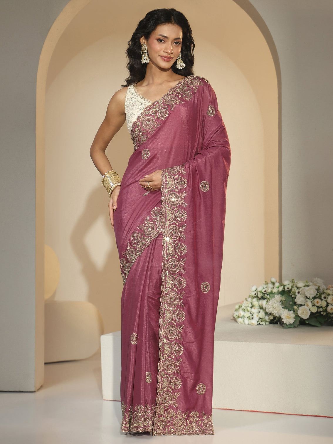 Mameraa Dusty Rose Pink Embroidered Silk Blend Saree
