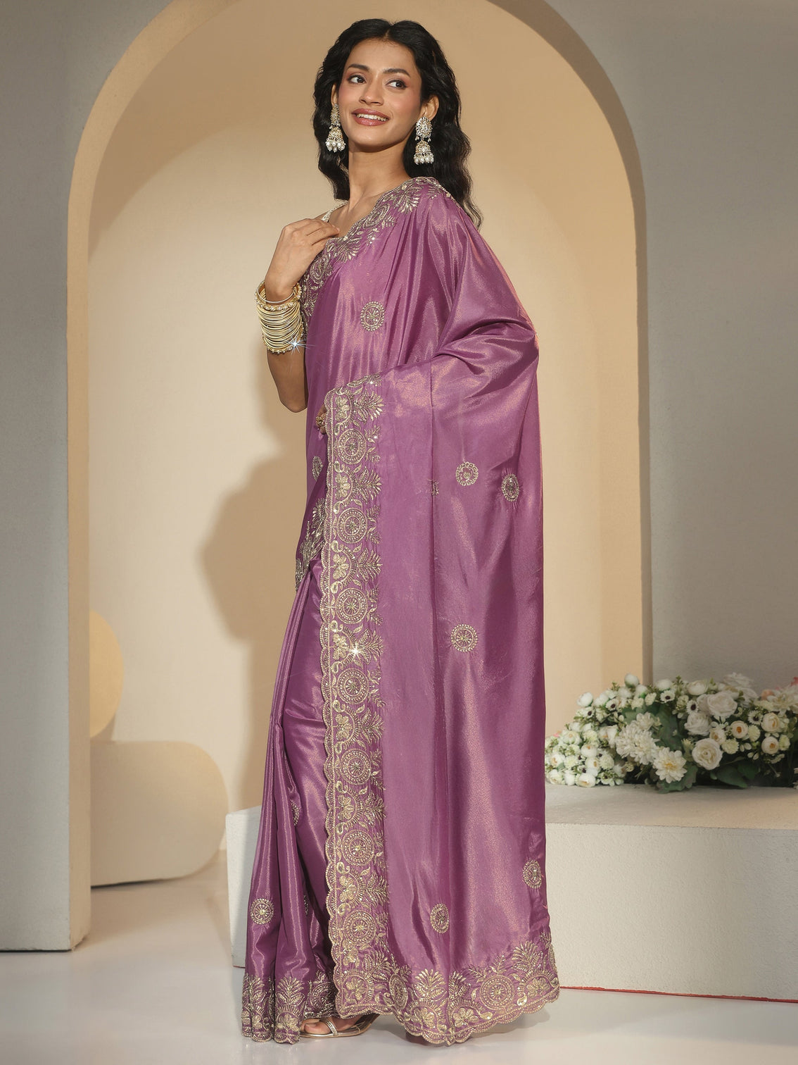 Mameraa Mauve Embroidered Silk Blend Saree