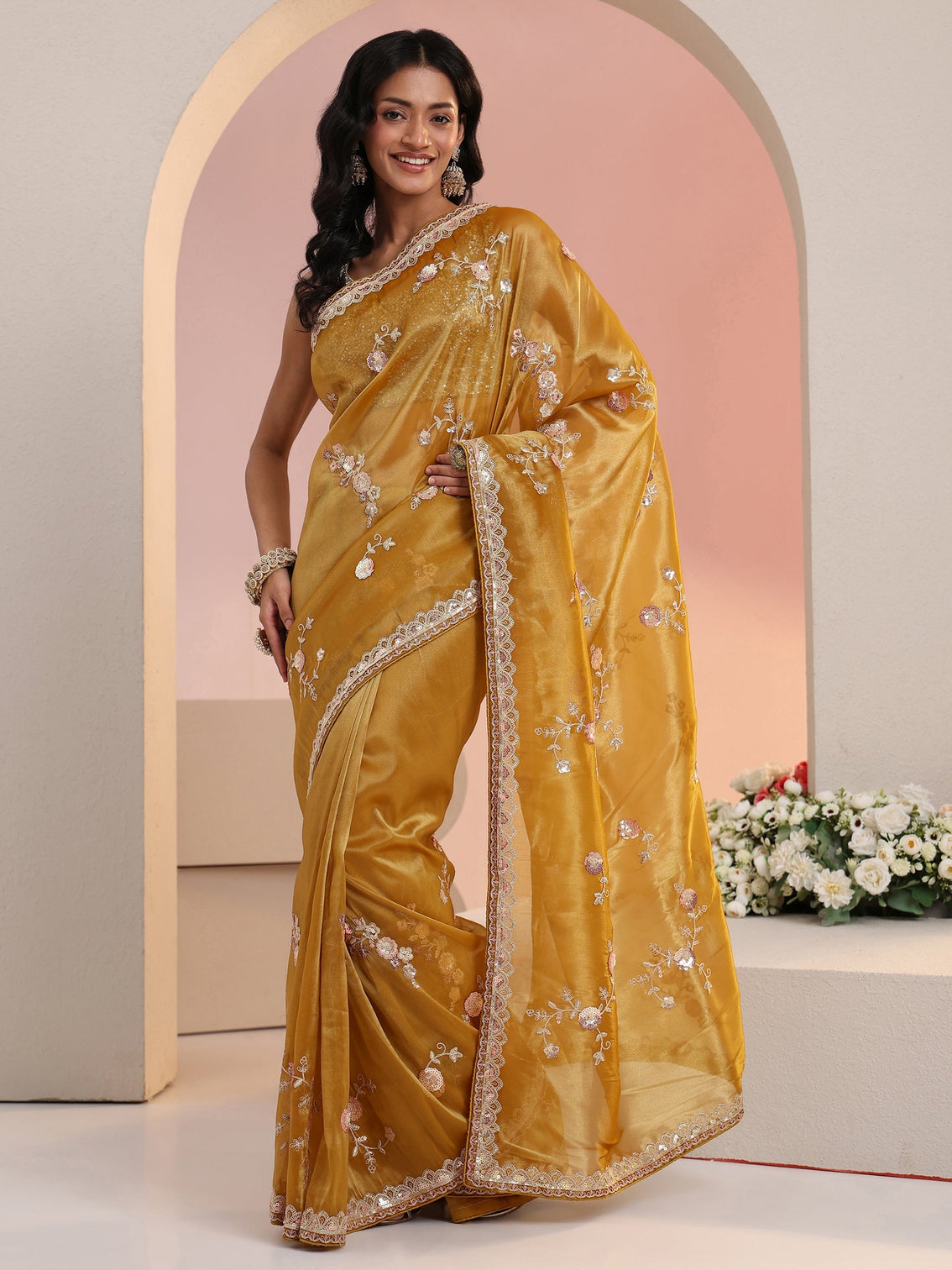 Mameraa Mustard Floral Embellished Tissue Saree