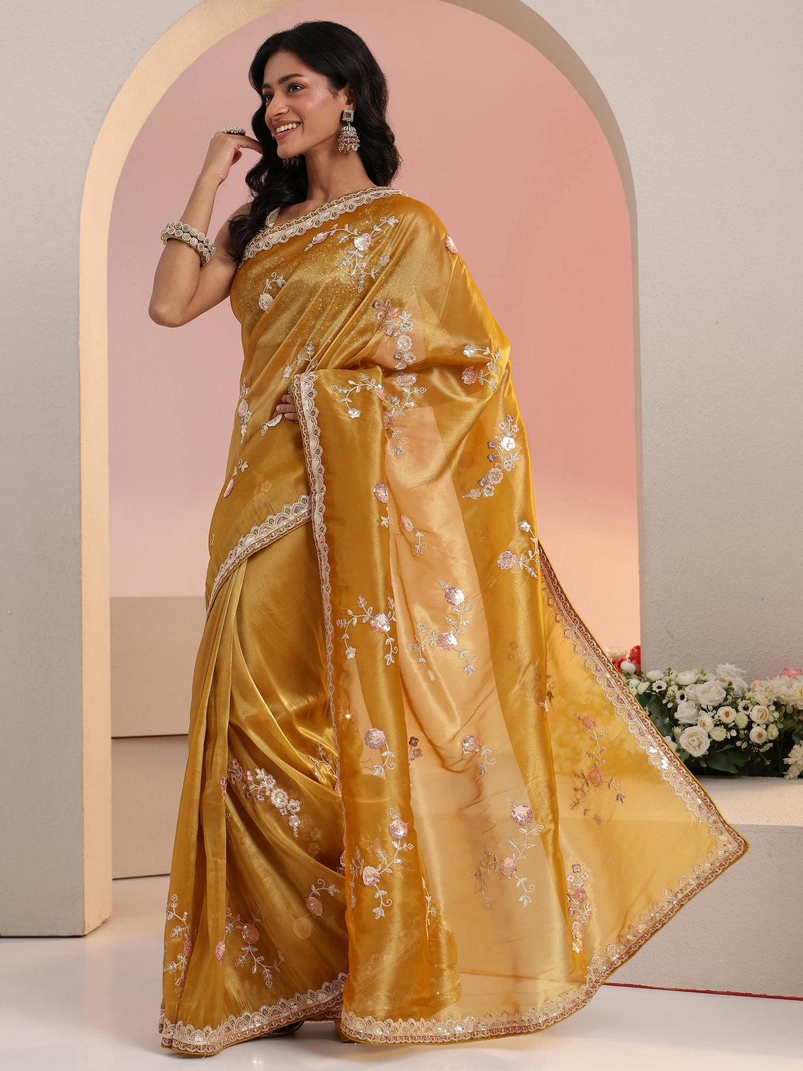 Mameraa Mustard Floral Embellished Tissue Saree