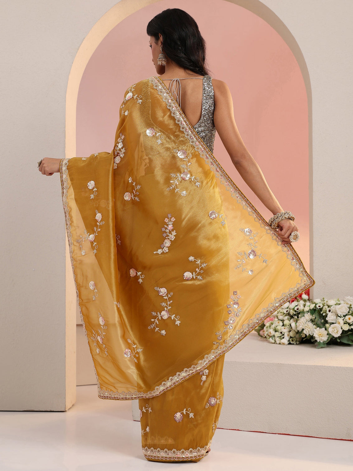 Mameraa Mustard Floral Embellished Tissue Saree