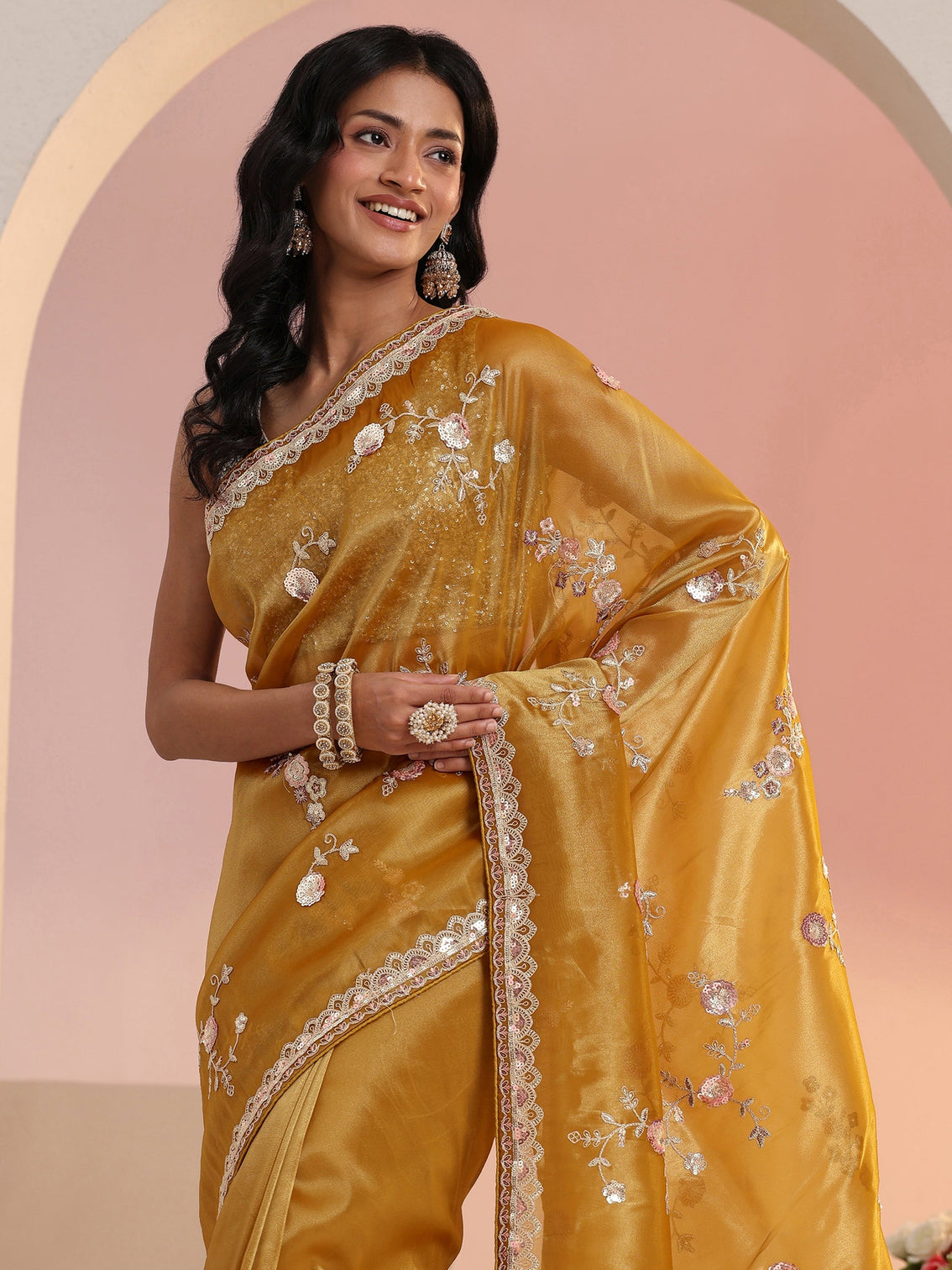 Mameraa Mustard Floral Embellished Tissue Saree