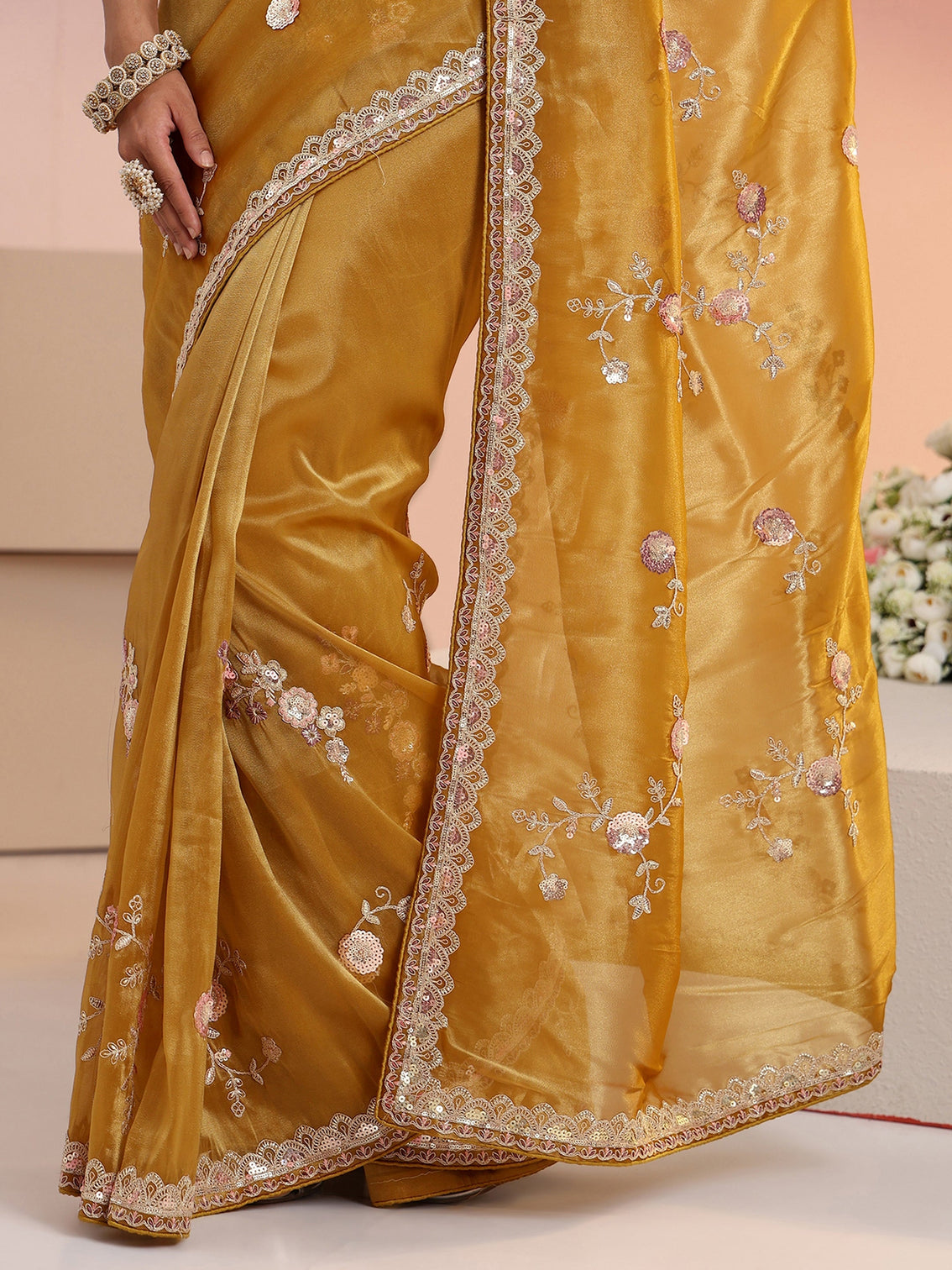 Mameraa Mustard Floral Embellished Tissue Saree