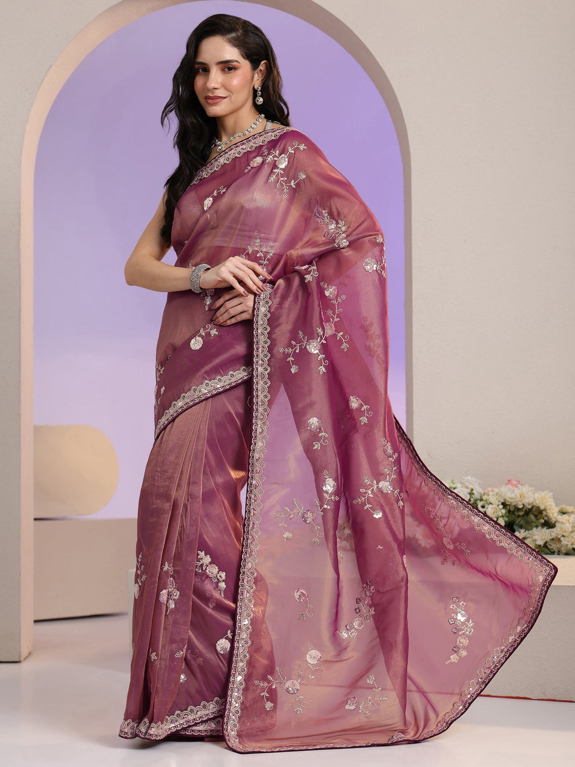 Mameraa Mauve Floral Embellished Tissue Saree